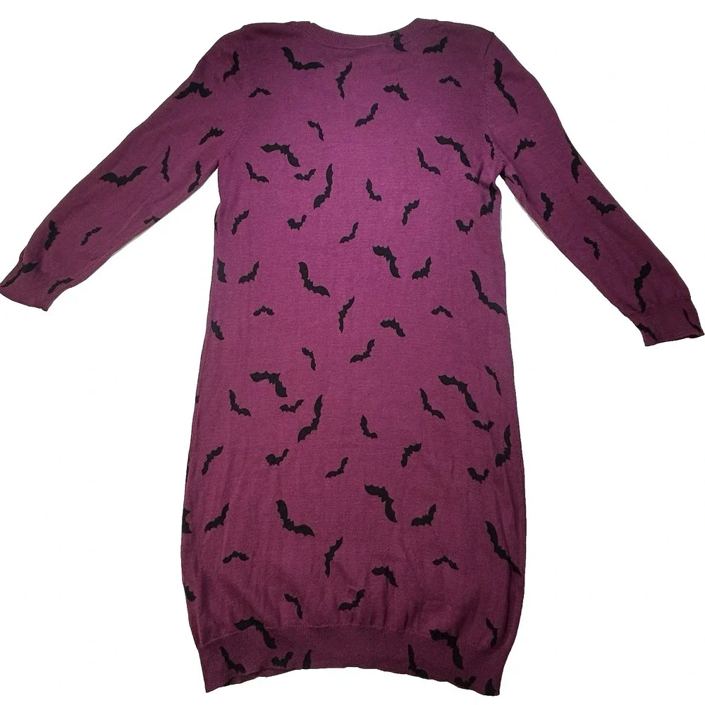 Modcloth Bat Dress Large Knit Midi Sweater Bodycon Purple Goth Witch Halloween - Picture 5 of 16